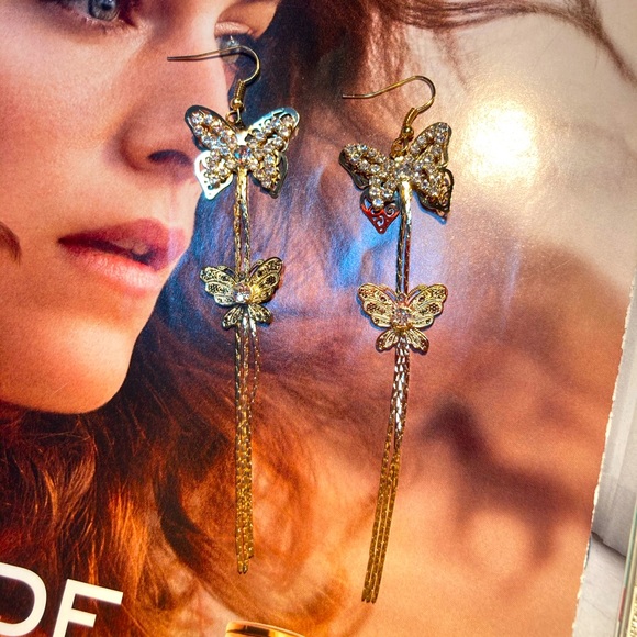 Gold Tone Long Butterfly 🦋 Earrings - Picture 4 of 5